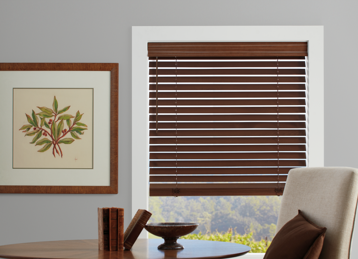 Faux wood blinds in dining room